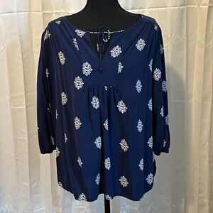 Plus Size Navy Blue Boho Blouse Women’s Long Sleeve Tunic Top
